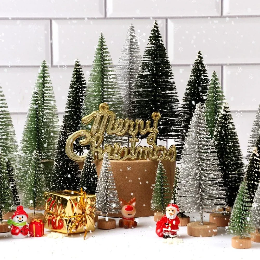 30Pcs Mini Christmas Sisal Snow Trees with Wooden Base